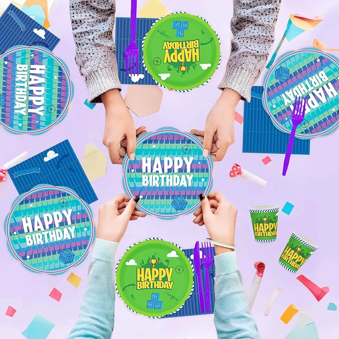 170pcs Video Game Party Supplies for Boys 1st 2nd Kids Video Games First Birthday Party Decorations Including Paper Plates Napkins Paper Cups Tablecloth Balloons Banners For 24 Guests