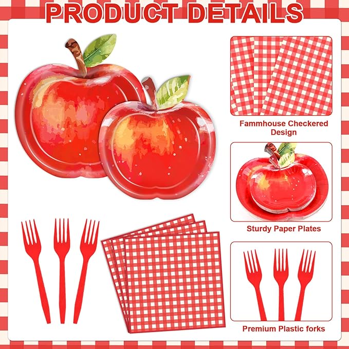 96Pcs Watercolor Apple Paper Plates Apple Birthday Party Supplies Red Gingham Napkins and Forks Fruit Themed Disposable Dinnerware for Back to School Classroom Kindergarten Home Party Serves 24