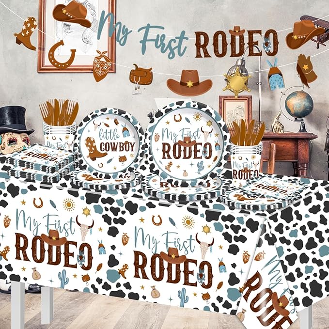 My First Rodeo Birthday Party Supplies Boy-142Pcs Western Cowboy Tableware 1st Rodeo Birthday Party Decorations Blue My First Rodeo Baby Shower Dinnerware for Boy