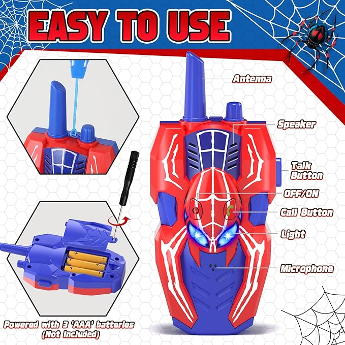 Walkie Talkies for Kids, Spider Toys 2 Pack Outdoor 2 Way Radio Toy Gifts Camping Brithday Gift Walkie Talkies for 3 4 5 6 7 8 9 10 Year Old Boys