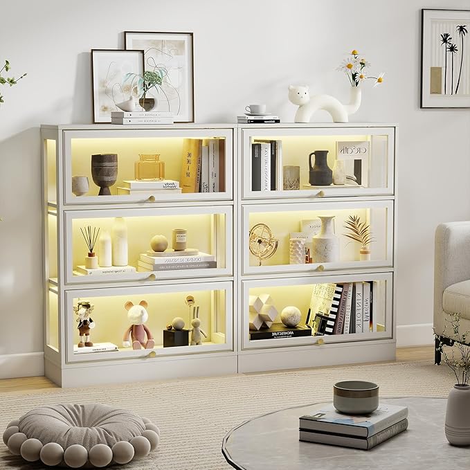 Display Cabinet with Acrylic Glass Doors,3-Tiers Curio Cabinet with LED Lighting for Collectibles, Collectibles Toy Organizers Rack & Display Shelf Display Case Storage Cabinet, White