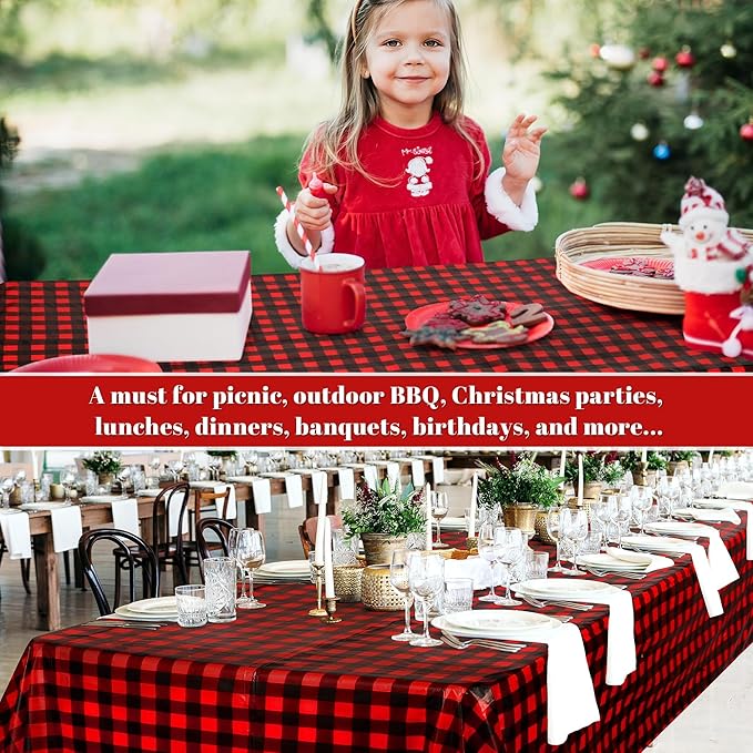 Kochorie 54 Inch x 300 Ft Red and Black Checkered Plastic Table Cloth Roll Disposable Red Black Buffalo Plaid Table Cover Roll with Easy Slide Cutter for Christmas Party/Home Dining/Decor