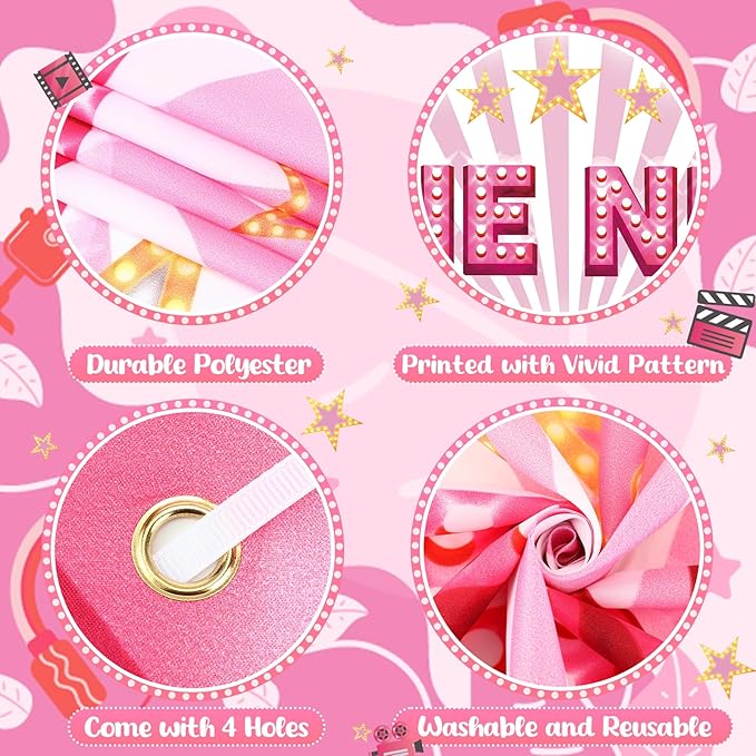 3Pcs Pink Movie Night Porch Banner Decoration Movie Theme Party Decorations Movie Theater Welcome Now Showing Door Banner Porch Sign Door Decor for Girls Film Theater Birthday Party Supplies