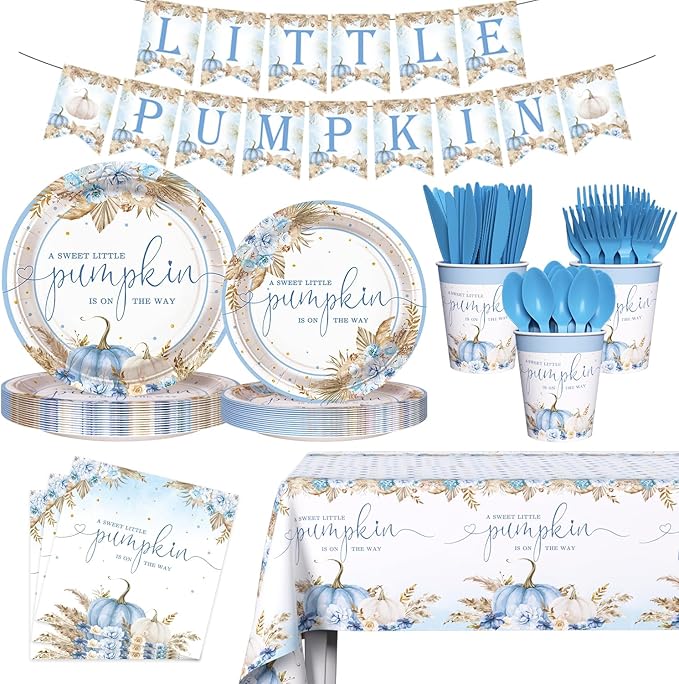 194Pcs Fall Pumpkin Baby Shower Decorations for Boys, Boho Floral Pampas Grass Little Pumpkin Party Supplies Disposable Tableware Set Plates Napkins Banners Plastic Tablecloth for Baby Shower
