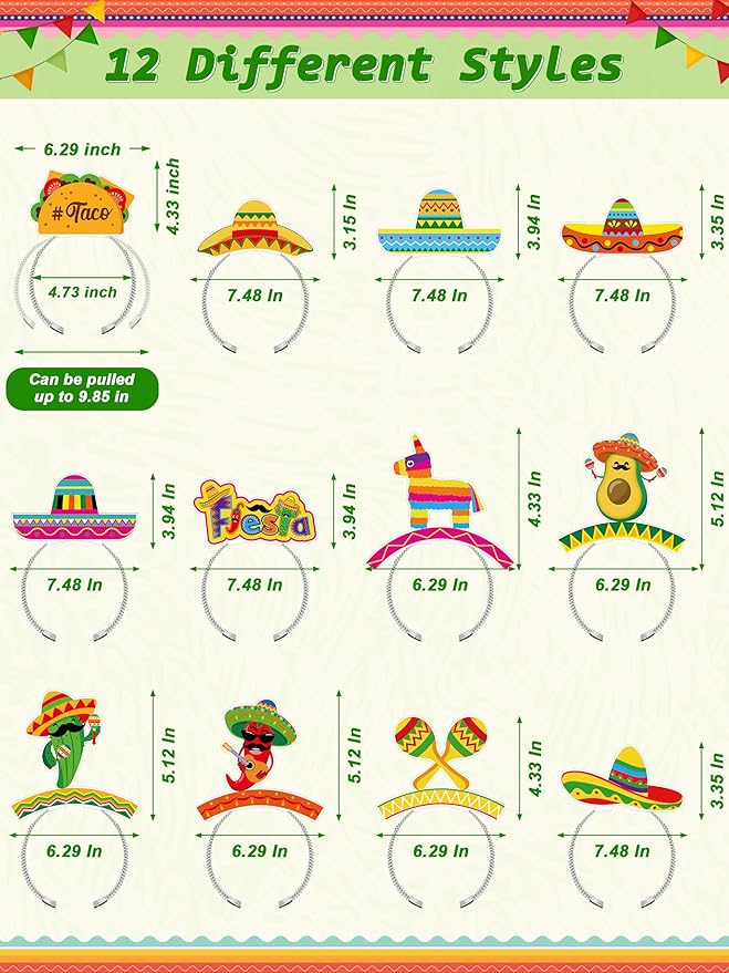 Melisheer Sombrero Party Hats, Mexican Sombrero Headbands, Colorful Cardboard Cinco De Mayo Headpieces, Fiesta Head Toppers