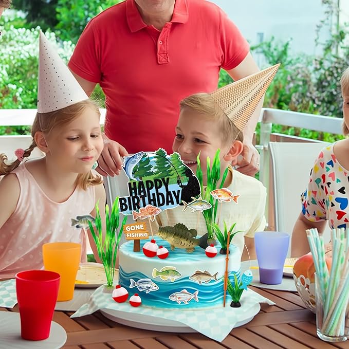 Hooqict 22Pcs Fishing Cake Decorations Set with Mini Bass Happy Birthday Cake Toppers & Fish Cupcake Toppers for Fisherman Gone Fishing Birthday Party Decorations Retirement Party Supplies Fathers Day