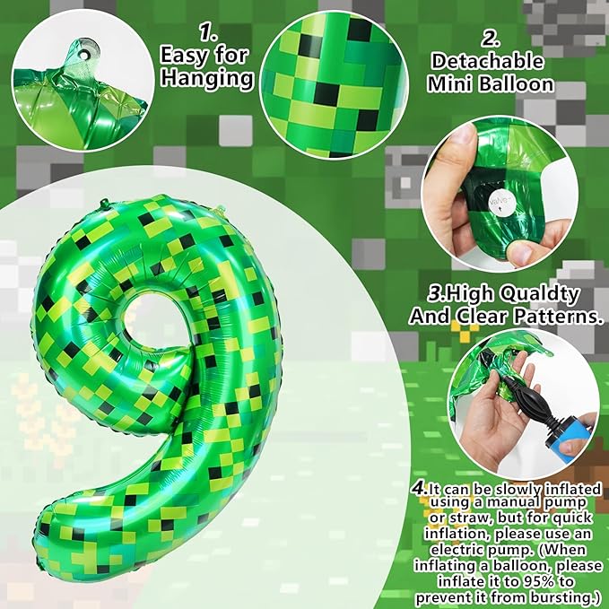 40in Pixel Number 9 Balloon Birthday Decorations, Miner Theme Foil Balloons banner Blast Gaming Party Supplies