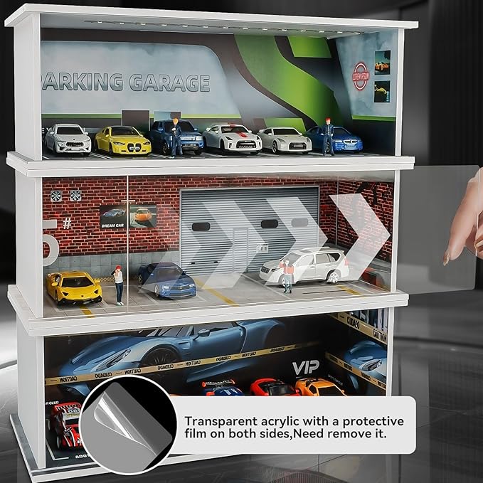 1:64 Car Model Display Case with Lights for Hot Wheels,Matchbox Cars,Diecast Alloy Small Truck Collectibles Storage Box (Garage NO.5)