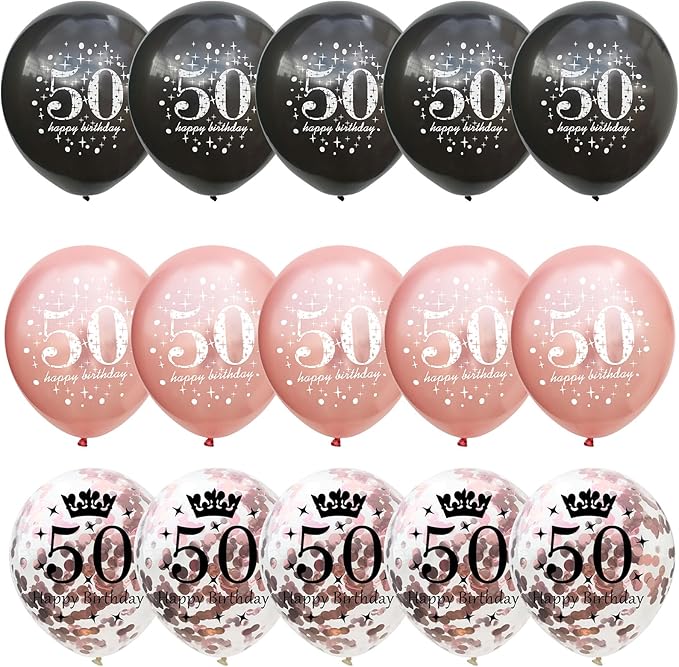 50th Birthday Decorations for Women, Pack of 15 Happy 50th Birthday Balloons Black Rose Gold Confetti Latex Helium Balloons for Her Age 50 Years Old 50th Birthday Party Decor Celebration Supplies