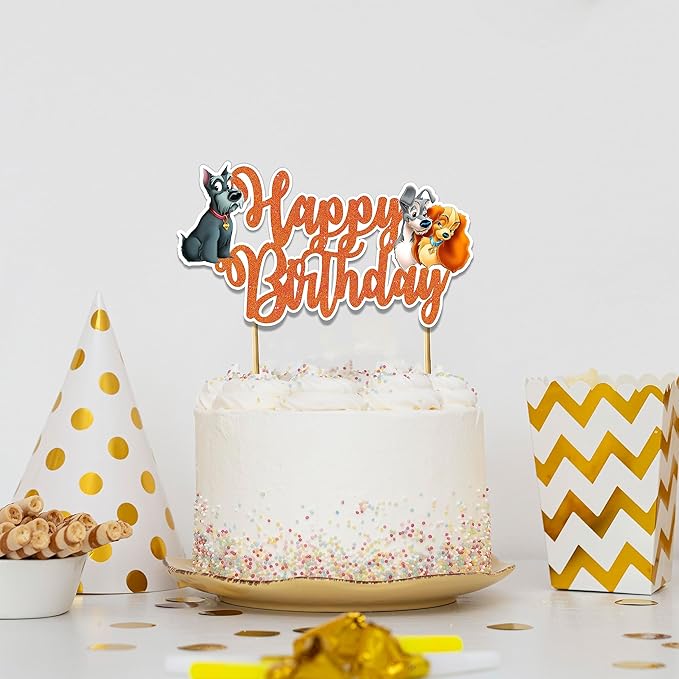 "Lady and the Trmp Happy Birthday Cake Topper – Inspired Theme Party Decoration for Girls and Adults – Glitter Cake Topper for Birthday Cake & Dog Theme Party Supplies, Cartoon Character Party Décor"