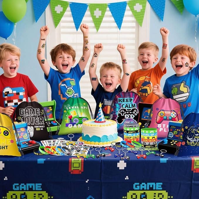 Video Game Party Favors Kids Gamer Birthday Party Supplies Drawstring Bag Silicone Bracelet Glow in Dark Tattoo Sticker Keychain Gamer Party Favors Gaming Birthday Goodie Bag Stuffers