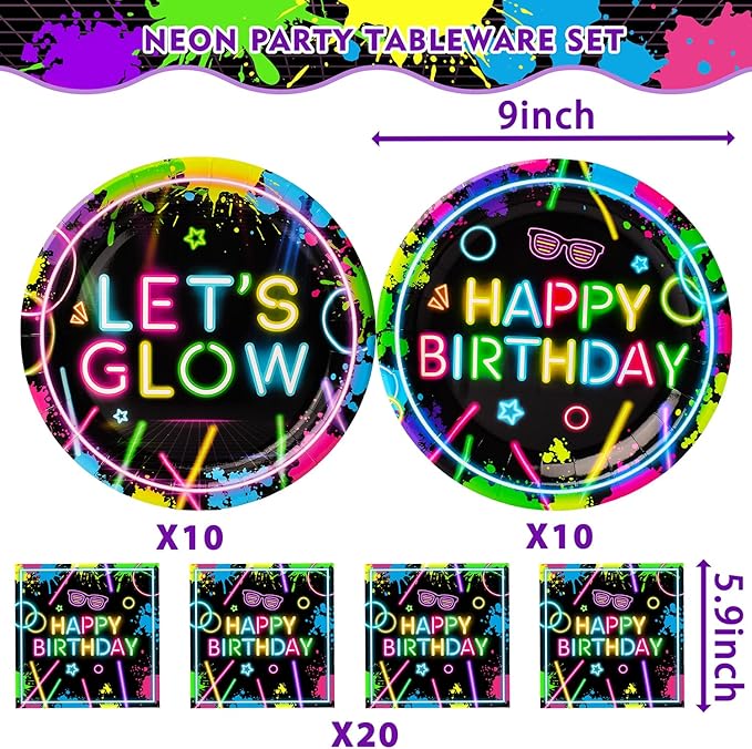 40 Pcs Neon Plates and Napkins Tableware Sets for Neon Party Decorations, Birthday Decorations Which Can Serve 20
