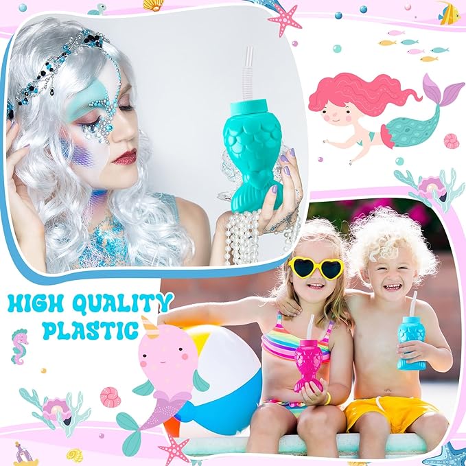 Sliner Mermaid Tumblers with Lids and Straws, Mermai Cups Favors Summer Plastic Sipper Cups for Kids Mermai Birthday Party Gifts Supplies Decorations(24 Pcs, Mermaid)