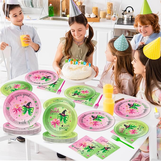 96PCS Witch Birthday Party Decorations Tableware Pink and Green Plates and Napkins Disposable Witch Tableware Set for Girls Birthday Party Decorations Baby Shower Movie Fans Decor Severs 24 Guests