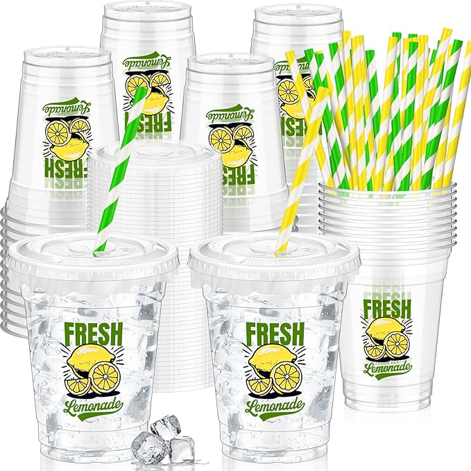Domensi 50 Sets Lemon Disposable Plastic Cups 12 oz Lemonade Thick Clear Cups with Lids Straws Decoration for Iced Lemonade Juice Water Summer Party Favors Gift