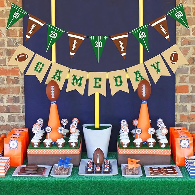 Hooqict 2 Pieces Game Day Football Banner Football Party Decorations Football Party Banner Garland with Triangle Flags Sign for Sports Birthday Party Decorations Tailgate Party Supplies
