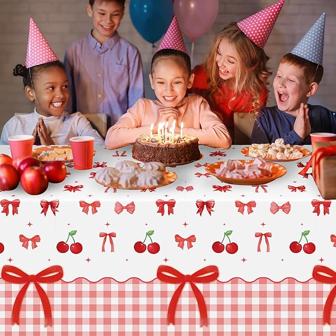 3Pcs Bow Party Tablecloths - Red Cherry Party Table Covers Decorations Bow Themed Rectangular Plastic Disposable Table Cloth Decor for Girls Women Kids Birthday Baby Shower Supplies