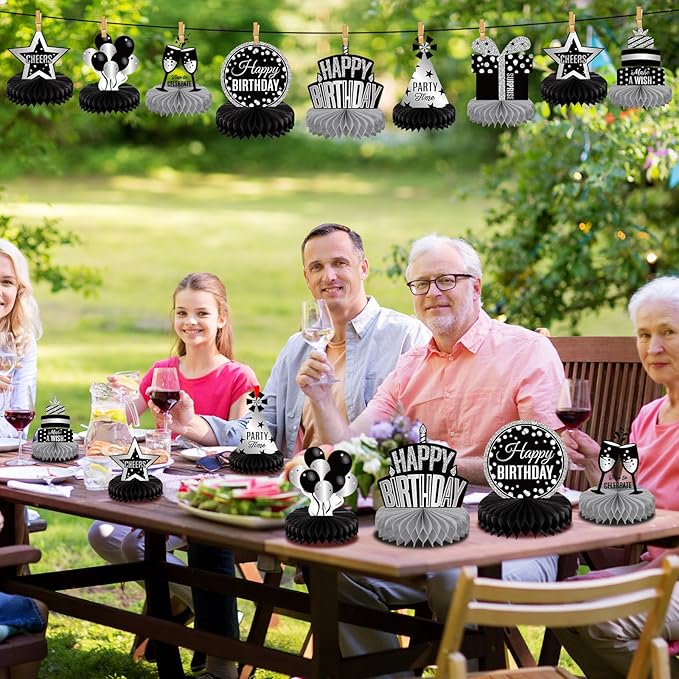 Pajean 8 Pieces Sliver and Black Birthday Party Honeycomb Centerpieces Sliver Black Table Centerpieces Decorations Table Centerpiece Sign for Kids Adults Party Supplies