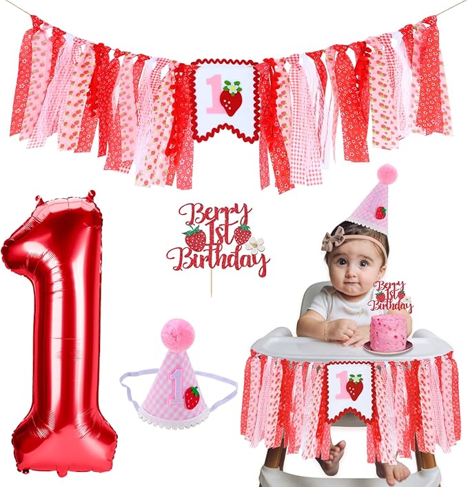 Strawberry Highchair Banner for Baby First Birthday Party Decorations Sweet Berry 1st Birthday High Chair Tassel Garland for Girls Baby Shower One Bday Strawberry Fabric Banner Backdrop Decors