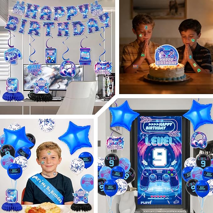 Video Game 9th Birthday Decorations for Boys, Level 9 Birthday Decorations Include Banner Backdrop Sash Honeycomb Centerpieces Hanging Swirls Stickers Cake Topper for Gamer Birthday Party Supplies