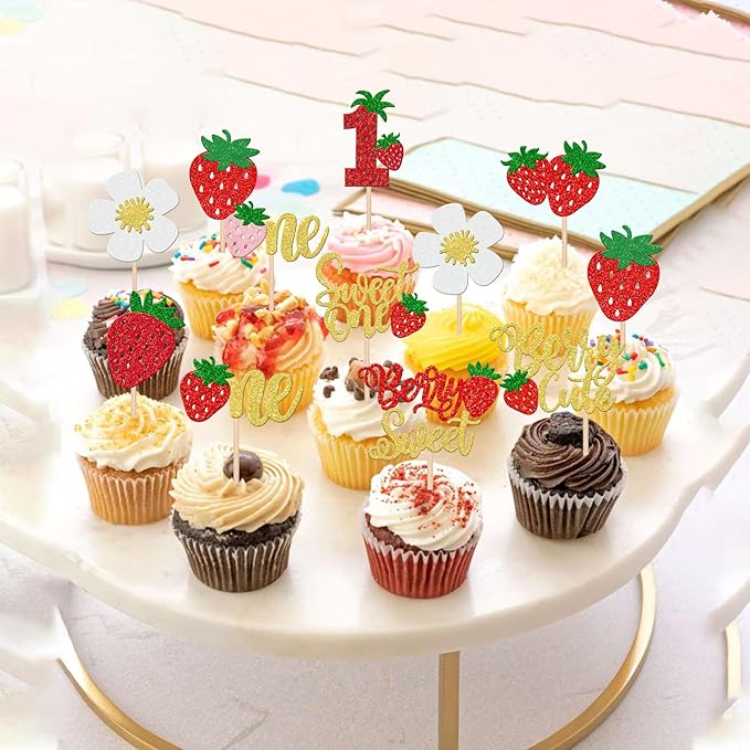 30 PCS Sweet One Strawberry Cupcake Toppers Glitter Sweet Berry 1st Birthday Cupcake Picks Strawberry Birthday Decorations for Baby Shower Kids First Birthday Party Cake Decorations Supplies Gold
