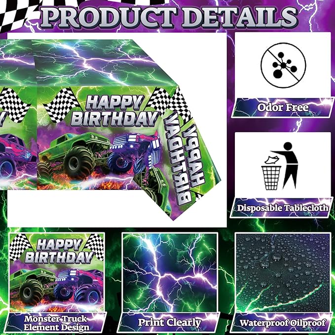 Mifoci 3 Pcs Monster Truck Birthday Party Tablecloths Monster Machine Table Covers Large Plastic Disposable 108 x 54 Inches for Truck Theme Kid's Boys Birthday Shower Party Supplies (Fresh)