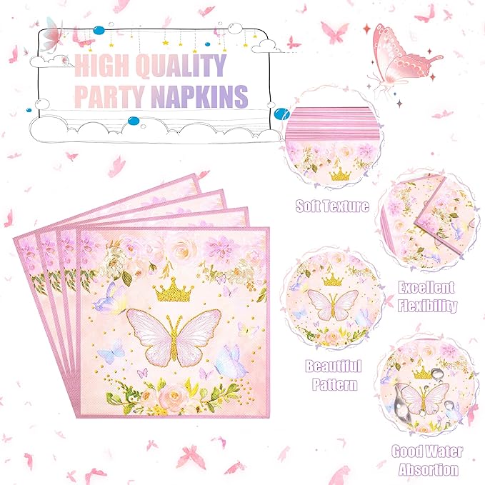 CANREVEL 96 PCS Butterfly Birthday Party Plates Serve 24, Butterfly Plates and Napkins Forks Set, Disposable Tableware for Party Supplies Decorations for Grils Kids Women