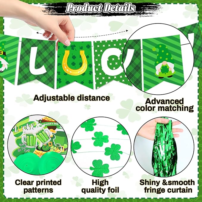 47Pcs St Patricks Day Decorations, St. Patrick's Day Decorations Kit Shamrock Lucky Banner Garlands Hanging Swirls Fringe Curtain for Home Irish St. Patrick's Day Decor