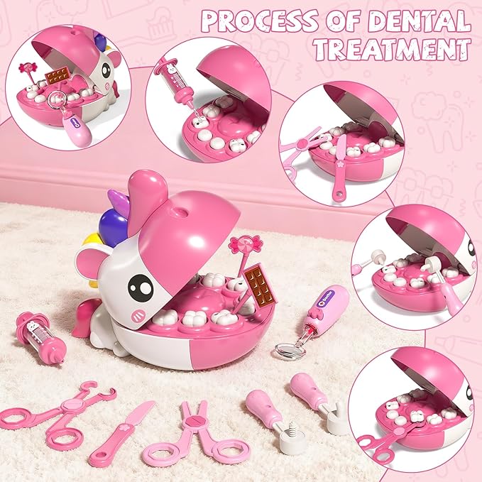 Dentist Play Set Toys for Girls, Doctor Kit for Toddlers 3-5, Unicorns Pretend Play Girl Toys 3 4 5 6 7 8 Years Old, Kids Doctor Playset with Light & Sound, Birthday Gifts for 3 4 5 6 7 8 Year Old