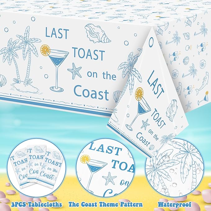 K1tpde 3PCS Last Toast On The Coast Bachelorette Party Tablecloth for Adult, Coastal Themed Blue Wine Cup Shell Starfish Plastic Tablecloth, Disposable Tablecover for Bachelorette Party Decorations