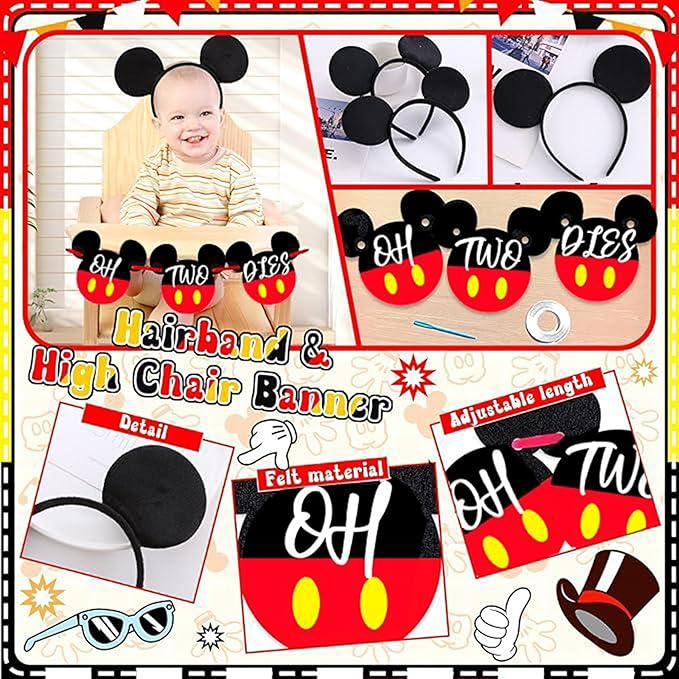 132pcs Oh Twodles Birthday Party Supplies Boy, Red Mouse 2nd Birthday Decorations Supplies, Balloons Arch Banner Backdrop Tablecover Cake Topper for Black Mouse Themed Boy 2 Years Old Birth Party