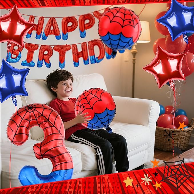 Spider Themed Happy Birthday Banner Party Decorations Set Including 40 Inch Number 3 Foil Balloons, Themed Party Essentials, Colorful Superhero Backdrop Supplies for Boys Indoor Outdoor Celebration