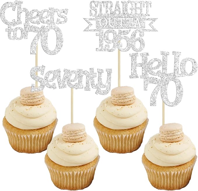 Ephlyn 24Pcs Happy 70th Birthday Cupcake Toppers Glitter Straight Outta 1956 Cupcake Picks Hello 70 Cheers to 70 Years Birthday Cake Decorations for 70th Birthday Anniversary Party Supplies Silver