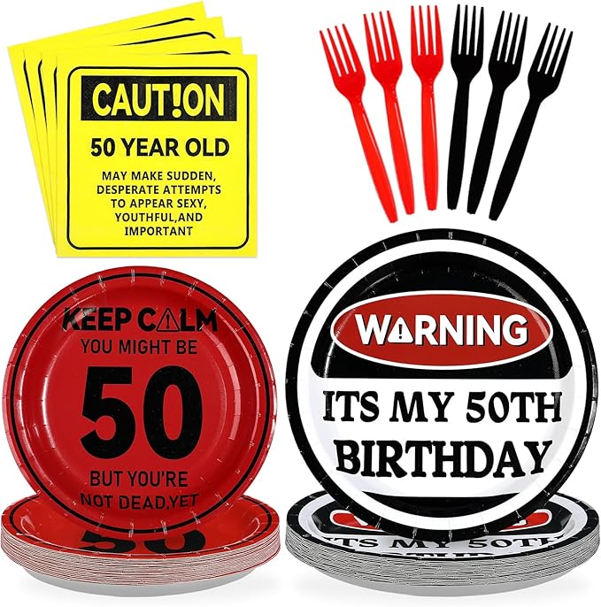 96Pcs 50th Birthday Decorations Caution Logos Wall 50th Birthday Plates and Napkins Over the Hill 50th Birthday Decoration for Him Men Women Funny You're 50 Years Old Birthday Party Supplies Serve 24