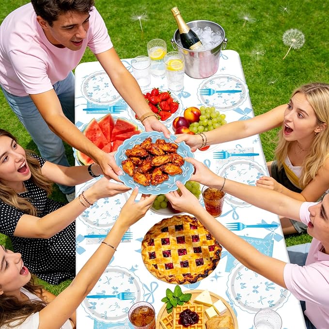 Blue Bow Party Supplies Set for 20 Guests, Including Tablecloths, Forks, Napkins and Plates for Blue Bow Birthday Decorations Coquette Birthday Party Bachelorette