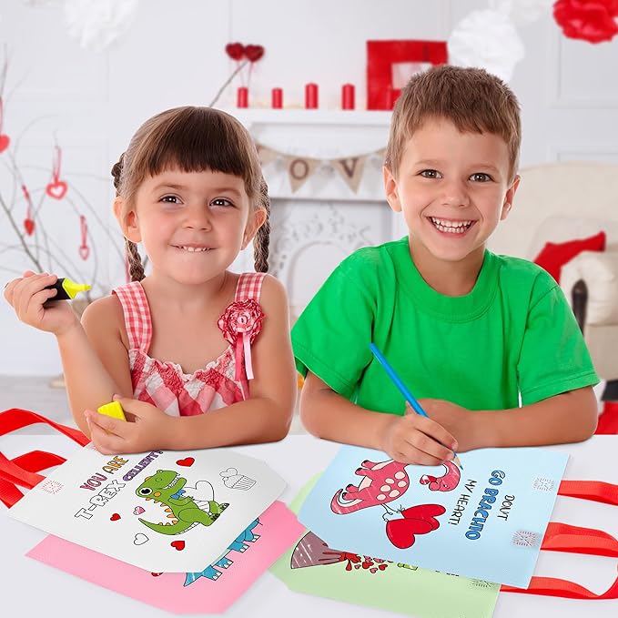 Valentine Coloring Goodie Bags for Kids - 24Pcs Dinosaur Bulk Color Your Own Gift Bags with Handle Valentine's Day Reusable Coloring Non Woven Tote Bag for DIY Craft Painting Party Favor Supplies