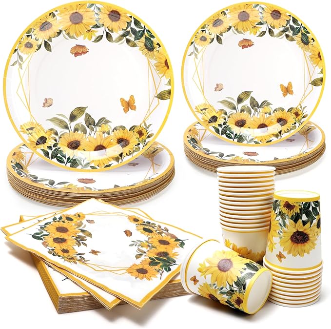 100Pcs Sunflower Paper Plates and Napkins and Cups Flower Floral Fall Party Plates for 25 Guest Wedding Baby Shower Kids Birthday Party Supplies Decoration