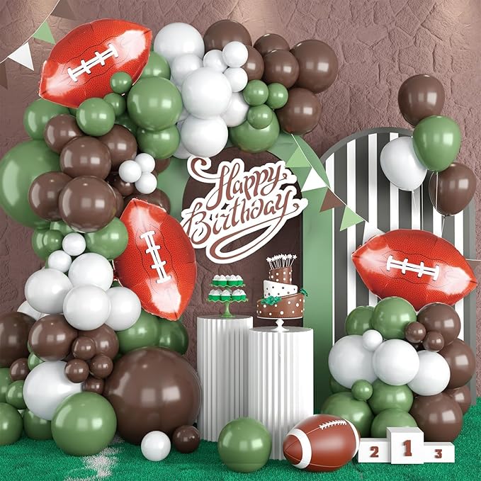 Football Balloon Arch Kit,Sage Green White Coffee Balloons with Football Foil Balloon for Boy First Year Birthday Sport Party Decorations Baby Shower Graduation Sport Themed Party Supplies