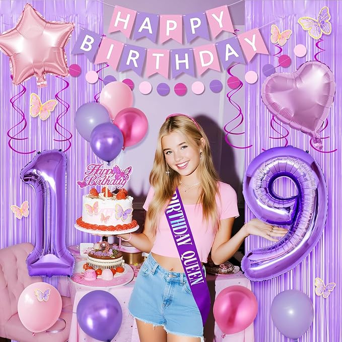 19th Purple Birthday Decorations for Girls, Pink and Purple Happy 19 Birthday Party Decorations with Happy Birthday Banner, Number Foil Balloons, Butterfly Cake Topper for 19th Party Supplies