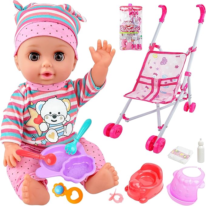 SMILESSKIDDO Baby Doll with Stroller, 14'' Soft Body Dolls with Accessories Includes Foldable Cart, Feeding Playset, Babydoll Pretend Play Toddler Toys Gifts for 1 2 3 4 Year Old