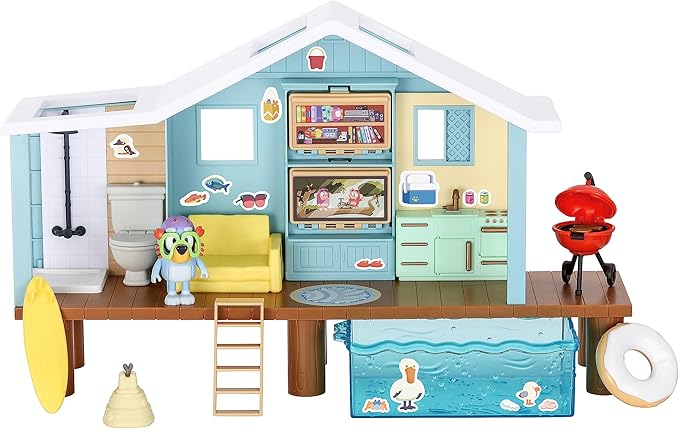 Bluey Beach Cabin Playset, 10”, Customizable Toddler House Playset with 10 Play Pieces and 2.5” Goggles Figure, Toy Houses for Kids Ages 3+