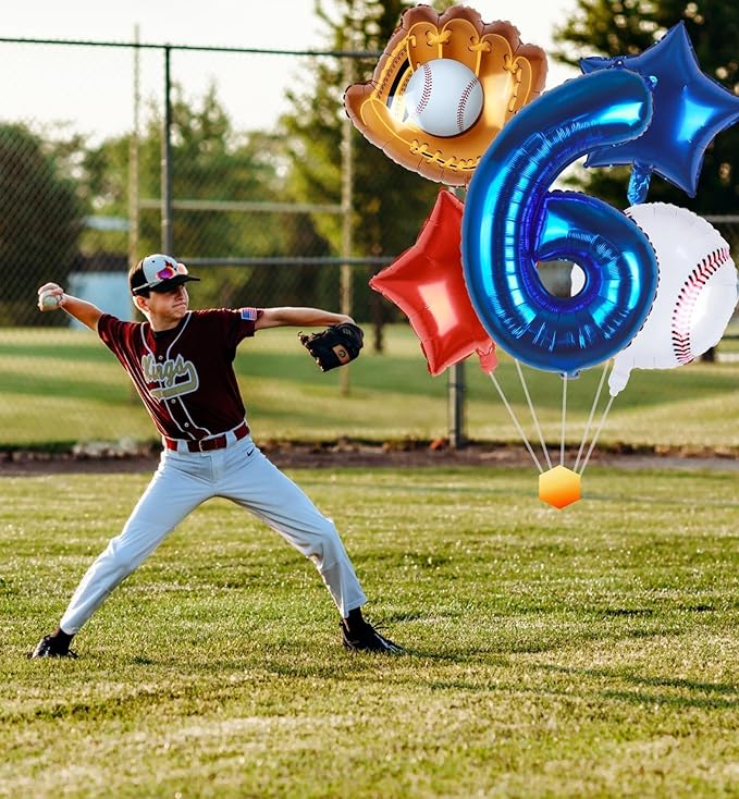 Baseball Balloons 6th Birthday Decorations for Boys | Baseball Birthday Decoration Sports Theme Party Supplies, 32Inch Foil Mylar Number 6 Balloon Navy Blue Red White Sports Balloon Arch Kits