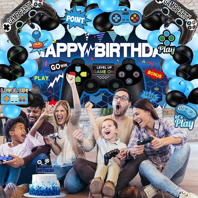 75Piece Video Game Party Decorations Set: Gamer Birthday Supplies with Happy Birthday Backdrop, Table Cover, Hanging Swirls, Cake Toppers, Foil Balloons, Latex Balloons – Perfect Game ON Party!