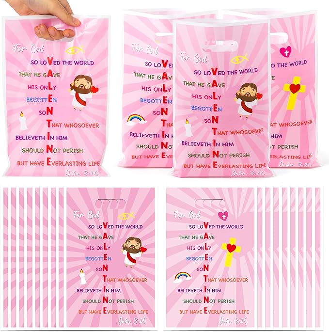 Valentine's Day Party Favor Bag - 50Pcs Valentine's Day John 3:16 Goody Candy Treat Gift Bag Religious Christian Cross Valentine Decor for Kid Adult Church VBS Sunday School Classroom Exchange Wedding