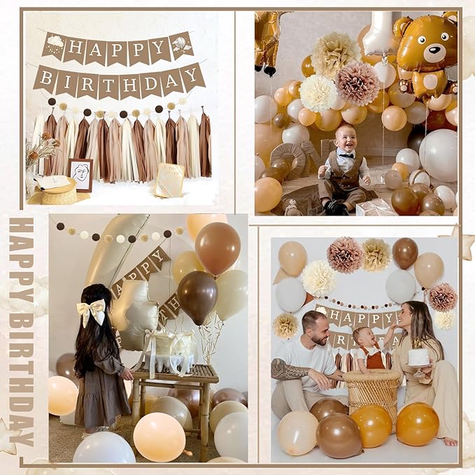 Birthday Decorations for Girls Boys, Brown Happy Birthday Banner with Felt Ball Garland Paper Pompoms Tassel Garland, Beige Cream Neutral Boho Birthday Party Balloons for Women Men Baby Shower