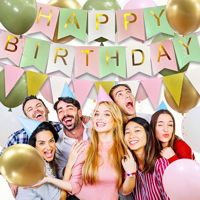 Happy Birthday Banner, Happy Birthday Decorations for Girls, 16 Pcs 12in Balloons with Banner Bunting and 3 Ribbons for Men Women Girls and Boys Birthday Party Decorations(Green Pink)