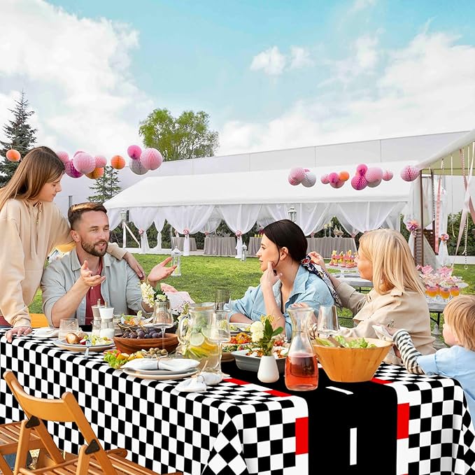 WNINK 4 Pack Racing Car Theme Rectangular Plastic Tablecloths, Car Disposable Table Covers 54" x 108" Black Checkered Flag Table Cloths for Race Car Birthday, Outdoor Picnic Parties Decorations
