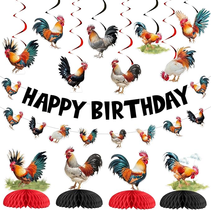 JOYMEMO Rooster Birthday Party Decorations for Boys Girls, Rooster Happy Birthday Banner, Chicken Hanging Swirls, Honeycomb Centerpieces, Farm Animal Chick Barnyard Theme Party Supplies