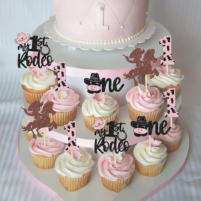 24 PCS Cowboy Cupcake Toppers - Glitter Hat, One My 1st Rodeo Cupcake Picks, First Birthday Cow One Cake Decorations for Western Theme Baby Shower, Kids 1st Birthday Party Supplies - Pink
