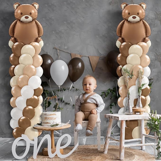 Kasyat 2 Set Bear Balloon Column Stand Kit Bearly Baby Shower Balloon Arch Kit, Bear Baby Shower Decorations with Brown Beige Nude Tan Balloons for Boho Neutral Gender Reveal Birthday Party